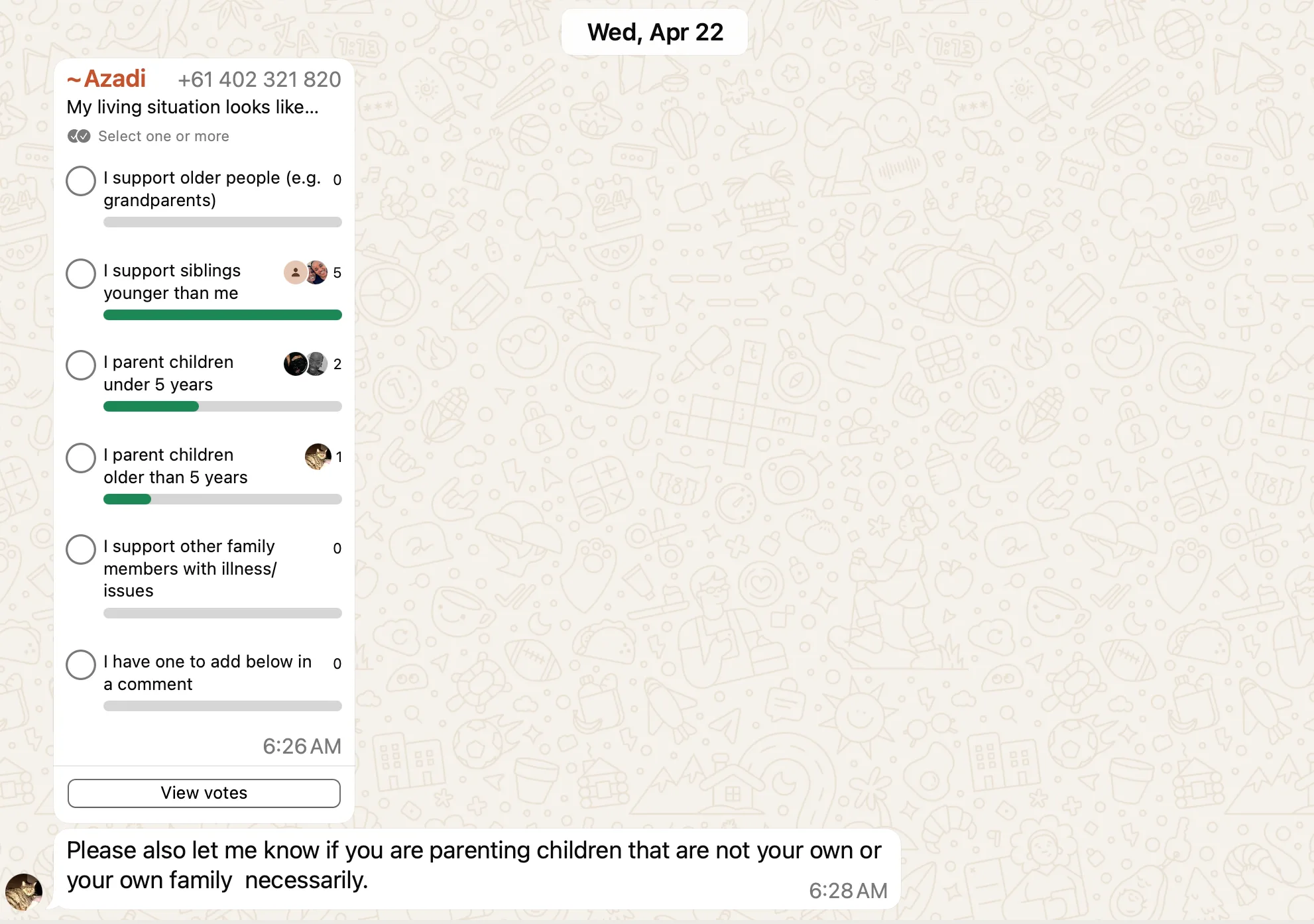 A screenshot of our private WhatsApp group · Zoom Sessions · Apr 2026