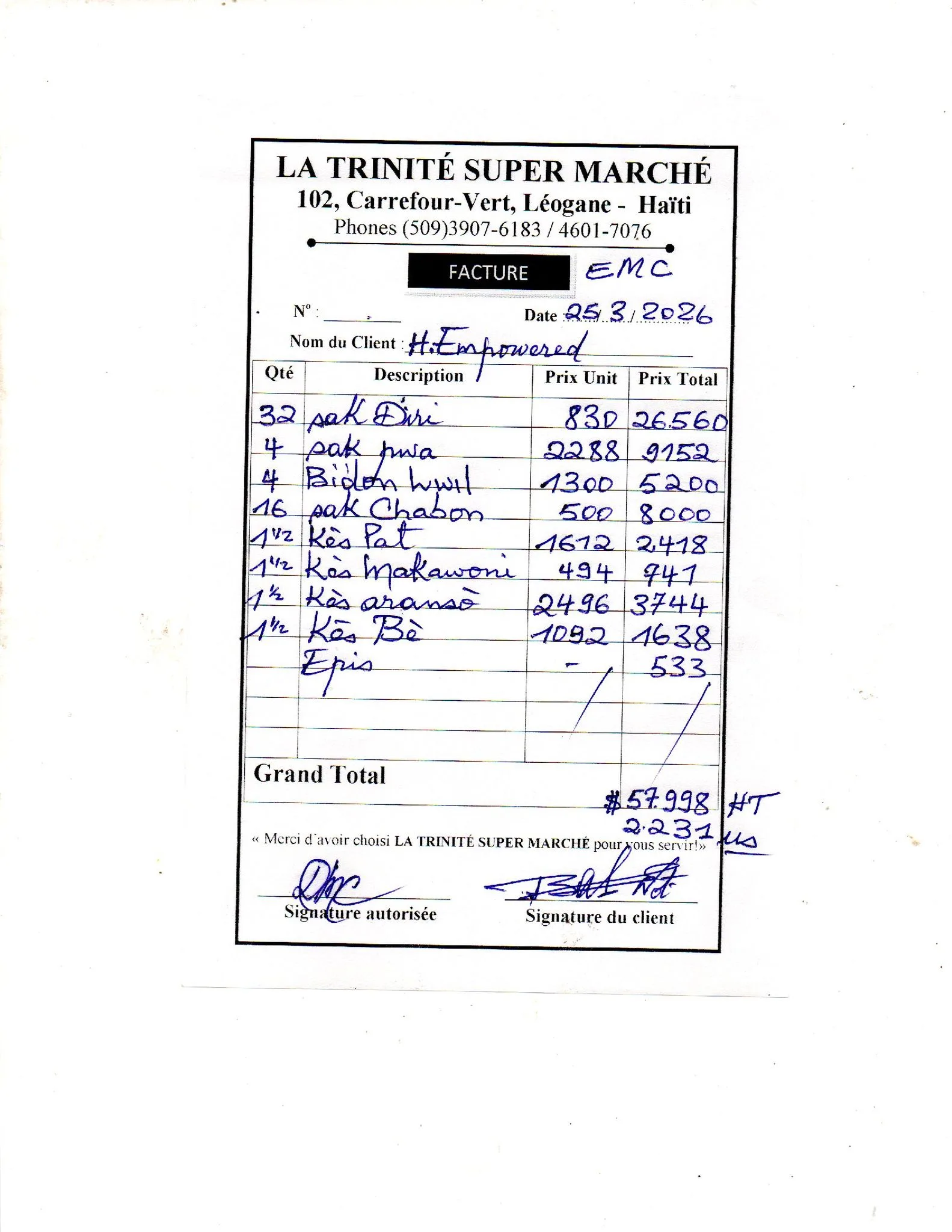 Receipt for Food Purchase