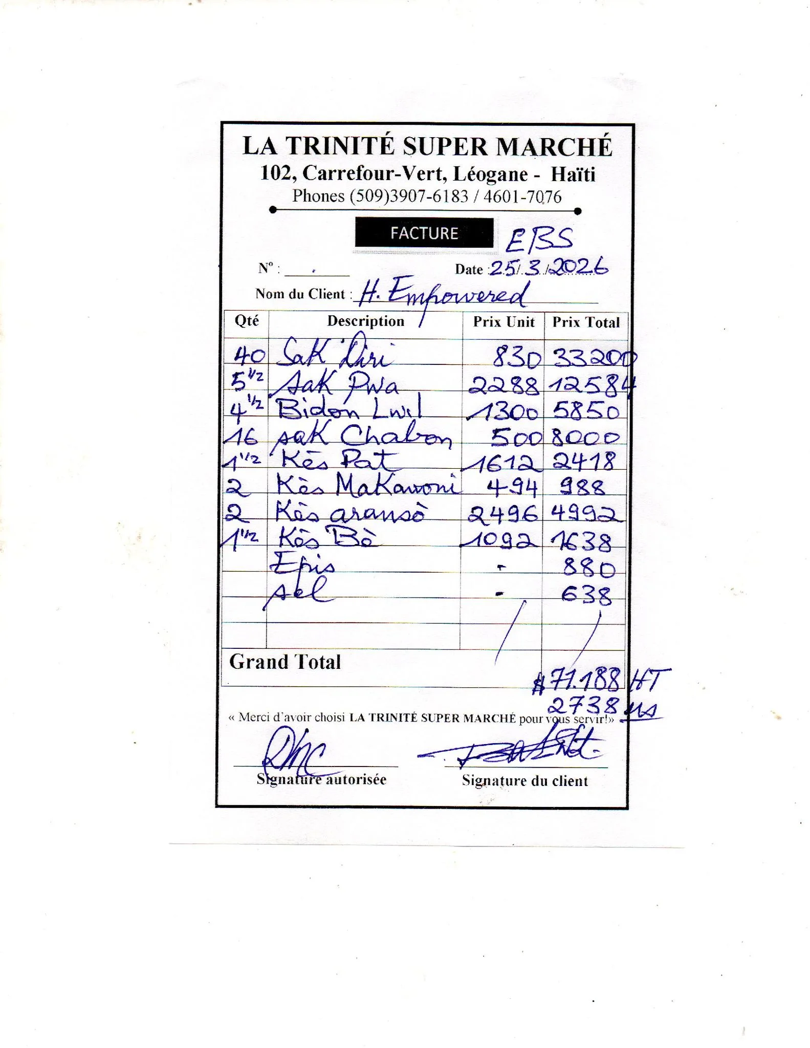 Receipt for Food Purchased