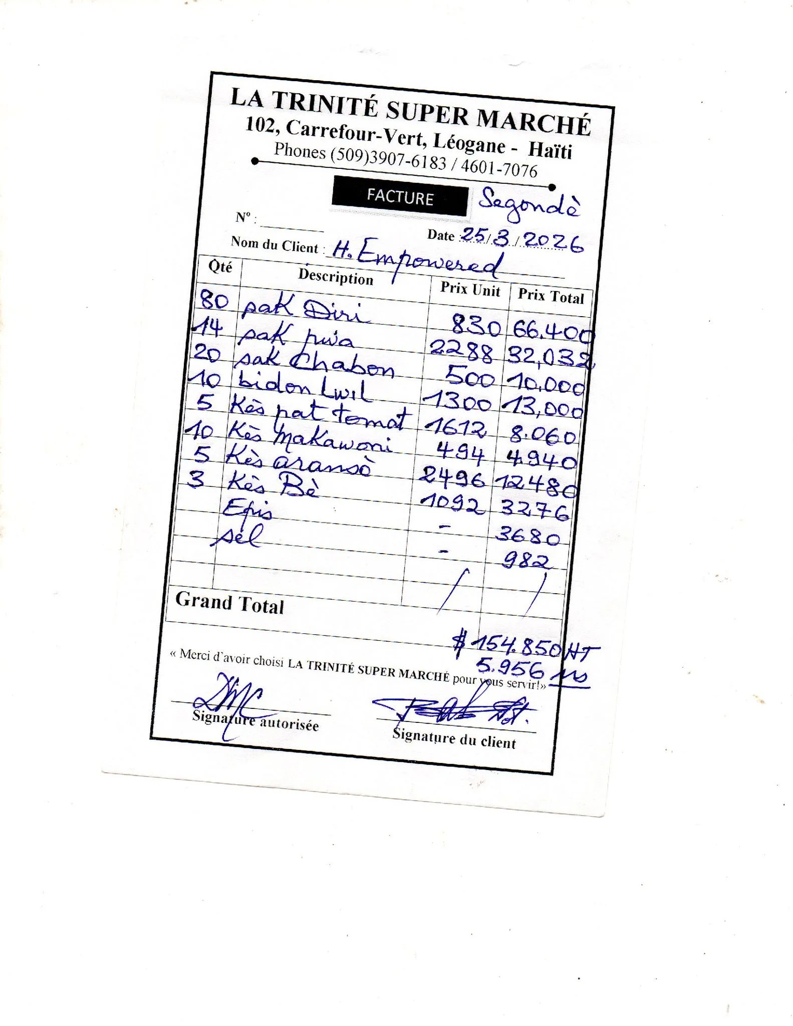 Receipt for Food Purchase